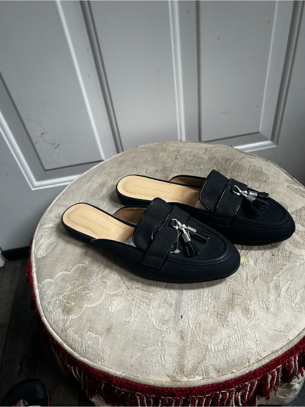 Adrienne Vittadini Black Saige Tassel Mule Loafers Sz 9M